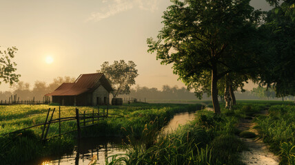 Idyllic rural sunrise, with a rustic house beside a serene stream, encapsulating calm.