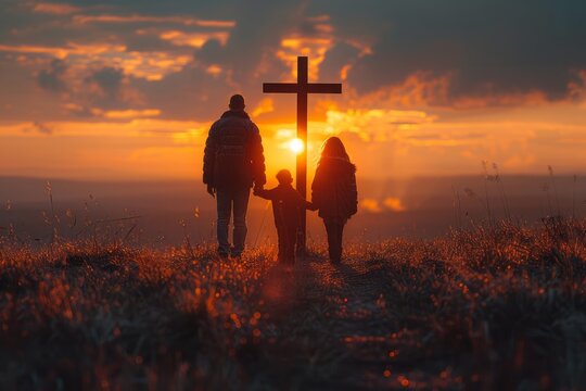 A family stands in front of the cross, a family looks for the silhouette of the cross of Jesus Christ. The concept of Easter.