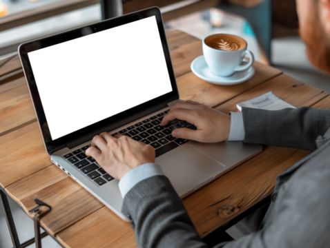 Mockup template of a businessman working on his laptop during a coffee break. PNG transparent  mockup image