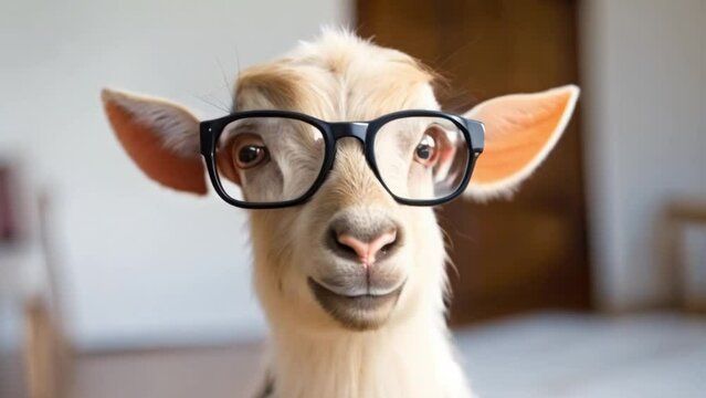 video of a goat wearing glasses