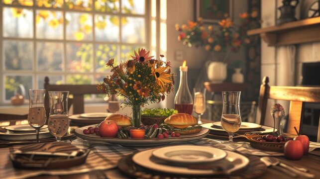 a Sunday supper in an inviting home setting, with a beautifully set table adorned with delicious dishes and drinks, evoking a sense of coziness and togetherness.