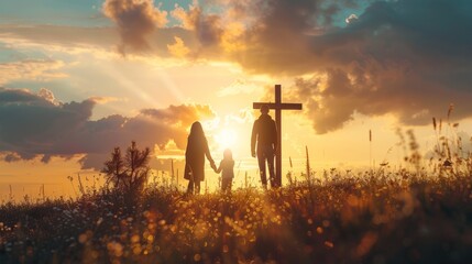 A family stands in front of the cross, a family looks for the silhouette of the cross of Jesus Christ. The concept of Easter. - obrazy, fototapety, plakaty