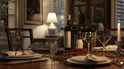 a Sunday supper in an inviting home setting, with a beautifully set table adorned with delicious dishes and drinks, evoking a sense of coziness and togetherness.