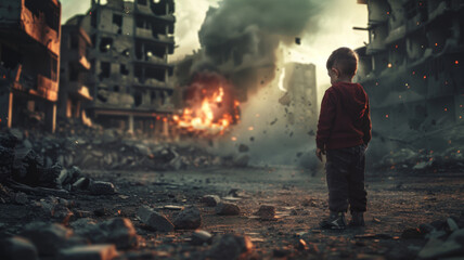 A young child confronts the devastation of war, a powerful juxtaposition of innocence and destruction.