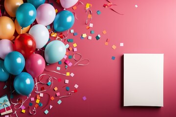 Colorful balloons and confetti on pink background. Birthday or party mockup festive greeting card.