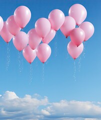 Pink balloons on blue sky and clouds background. Birthday or party mockup for planning. Festive greeting card.