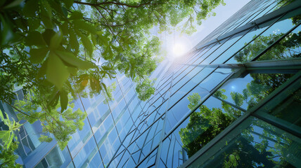 Sunbeams pierce through foliage by a modern glass building, blending nature and architecture.