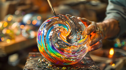 The expertise of a glassblower crafting a vibrant and intricate glass sculpture, with the mesmerizing colors and shapes coming together in the midst of the creative process.