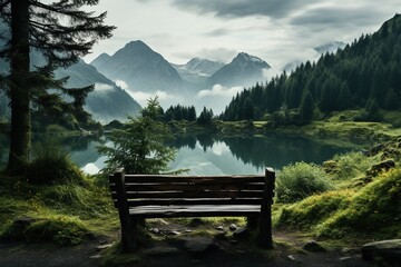 Peaceful Mountain Lake View from Wooden Bench. 