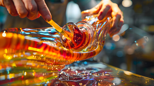 The expertise of a glassblower crafting a vibrant and intricate glass sculpture, with the mesmerizing colors and shapes coming together in the midst of the creative process.