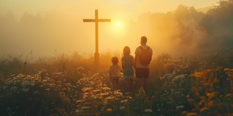 A family stands in front of the cross, a family looks for the silhouette of the cross of Jesus Christ. The concept of Easter. - obrazy, fototapety, plakaty