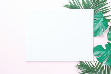 Fototapeta na wymiar Crisp white space surrounded by lush tropical green leaves on a pastel pink background