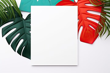 Vibrant and creatively arranged monstera leaves in different colors around a central blank white area for text