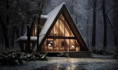 Fototapeta na wymiar Timber cabin made from oak wood, with pitched roof and refined architectural details, hidden in forest, minimal design and architecture, misty atmosphere with snow.