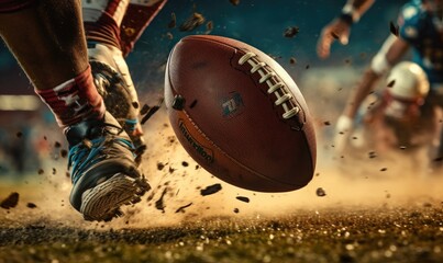 Close up of american football players foot hitting the ball on dirty football field.