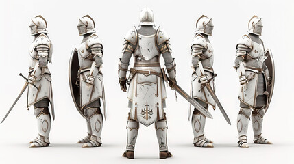 Medieval Knight: A gallant knight in shining armor, wielding a gleaming sword and shield. 3d render in minimal style isolated on white backdrop. Character sheet. Multiple Different Angles - obrazy, fototapety, plakaty