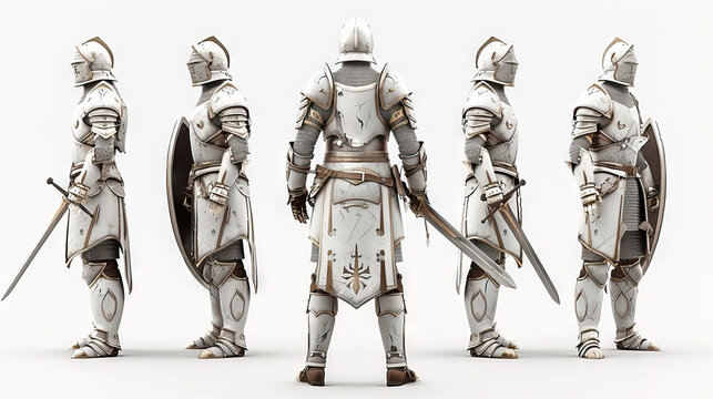 Medieval Knight: A gallant knight in shining armor, wielding a gleaming sword and shield. 3d render in minimal style isolated on white backdrop. Character sheet. Multiple Different Angles