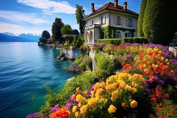 a house with flowers and a body of water