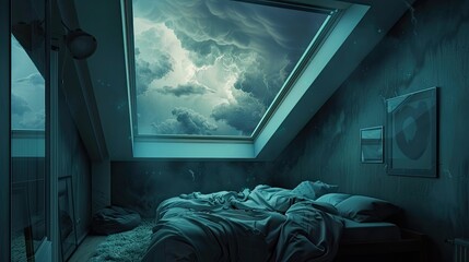 a cozy bedroom adorned with a roof window positioned above the bed, offering a glimpse of a stormy night unfolding outside, evoking feelings of warmth and comfort amidst the tumultuous weather.
