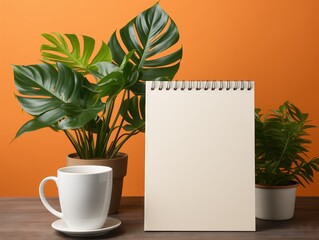 Blank note book with cup of coffee and flower pot on table
