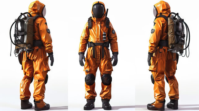 Volcano Researcher A fearless scientist in heat resistant suit. 3d render in minimal style isolated on white backdrop. Character sheet. Multiple Different Angles.
