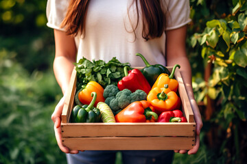 Woman holding a wooden box of natural foods filled with fresh vegetables