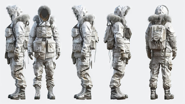 Arctic Expedition Guide: A resilient guide in fur-lined parka and snow boots. 3d render in minimal style isolated on white backdrop. Character sheet. Multiple Different Angles