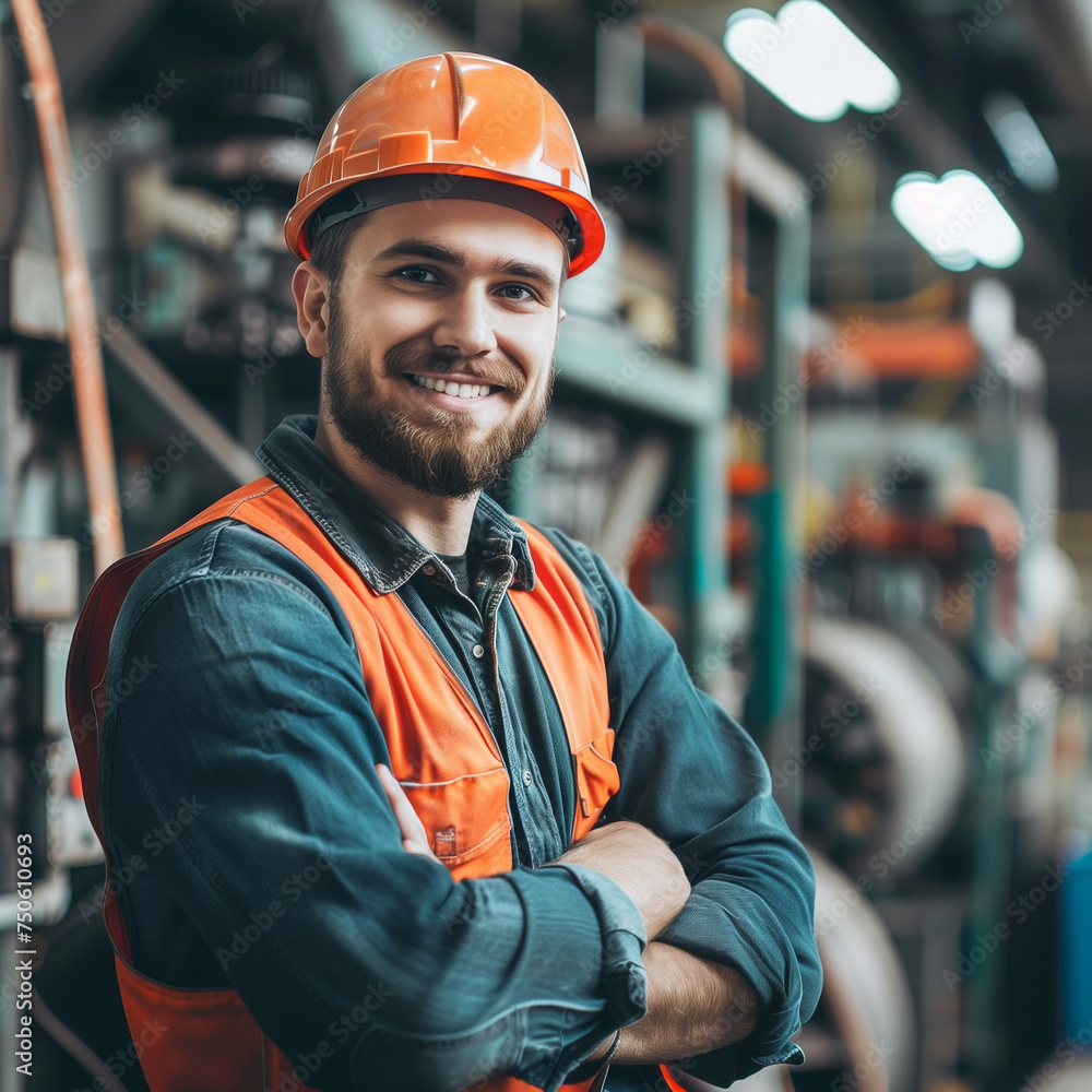 Poster portrait of a worker in a factory standing and smiling at camera, smiling worker wearing safety jack