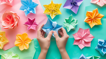 The skill of a paper artisan handcrafting unique and intricate origami pieces, with a focus on the precision and delicacy involved in the folding process, against a backdrop of colorful paper sheets.