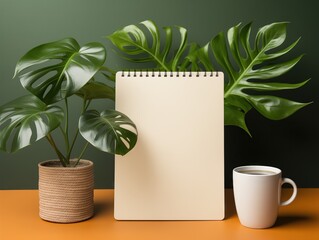 Blank note book with cup of coffee and flower pot on table