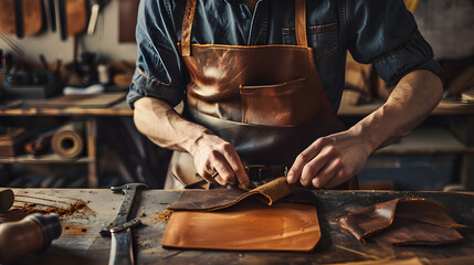 Capture the intricate details of a skilled artisan crafting a one-of-a-kind handmade leather journal, surrounded by tools and materials, in the midst of a creative midjourney.