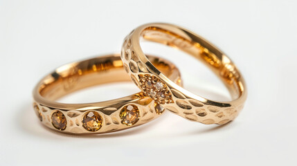 Pair of gold Wedding ring on a white background, macro shot.