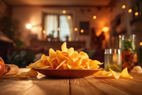 tasty chips in a bowl stand on table in livingroom
