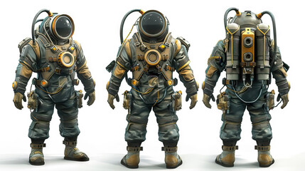 Deep Sea Explorer: An intrepid diver in a high-tech diving suit. 3d render in minimal style isolated on white backdrop. Character sheet. Multiple Different Angles - obrazy, fototapety, plakaty