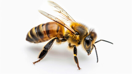 Close-up of a honeybee with wings outstretched on a white backdrop, showcasing minute details.