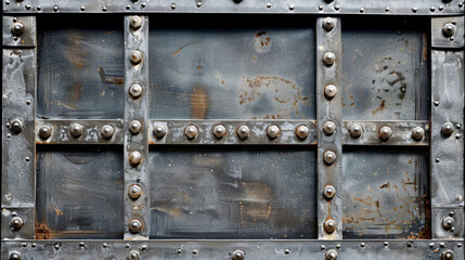 Riveted metal framed window in grey wound