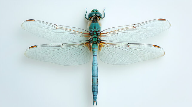 Light blue green dragonfly on white background.  generative ai