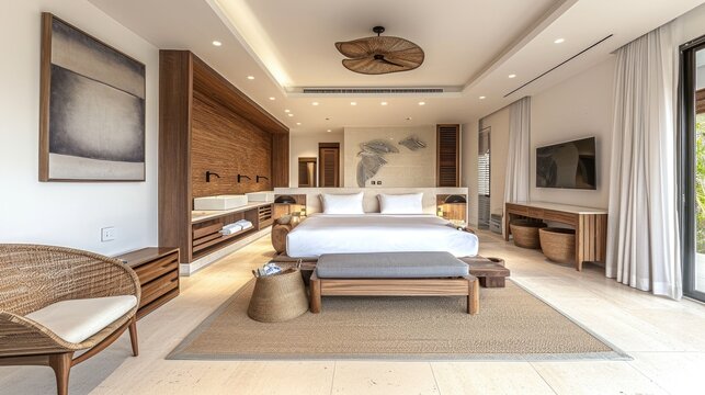An architectural photograph of an elegant minimalist luxury design hotel room in a hotel.
