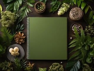 Flat lay of green blank note book with flower and leaves around