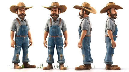 The Farmer: A hardworking farmer with overalls and a wide-brimmed hat. 3d render in minimal style isolated on white backdrop. Character sheet. Multiple Different Angle