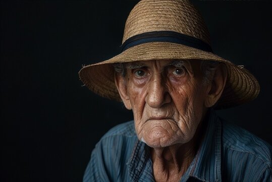 Create a clear, high-resolution image of an elderly man wearing a narrow-brimmed hat on his head.