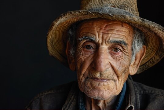 Create a clear, high-resolution image of an elderly man wearing a narrow-brimmed hat on his head.