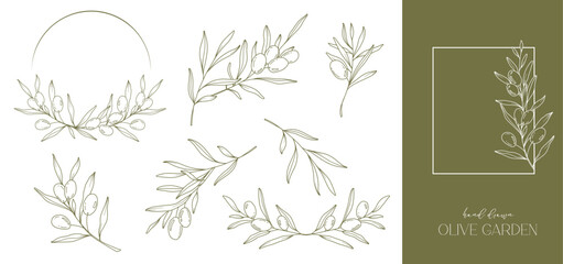 Olives Line Drawing. Black and white Olive Frame. Olive Wreath Isolated. Floral Line Art. Fine Line Olive  illustration. Black and white Olive Branches. Hand Drawn Olive. Wedding invitation greenery