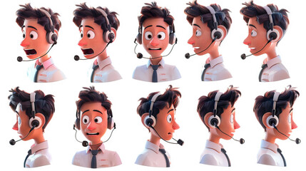 The Office Assistant: An efficient office assistant with a headset. 3d render in minimal style isolated on white backdrop. Character sheet. Multiple Different Emotion - obrazy, fototapety, plakaty