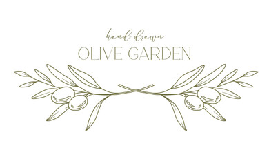 Obraz premium Olives Line Drawing. Black and white Olive Frame. Olive Wreath Isolated. Floral Line Art. Fine Line Olive illustration. Black and white Olive Branches. Hand Drawn Olive. Wedding invitation greenery