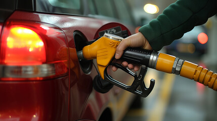 A close up image of a hand filling up a car with gas at a gas station - obrazy, fototapety, plakaty