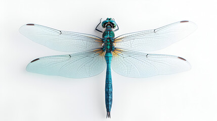 Light blue green dragonfly on white background.  generative ai