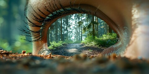 Womans Eye in Forest Environment in the Style of Surreal 3D Landscapes