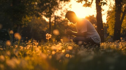 A man prays on his knees in nature