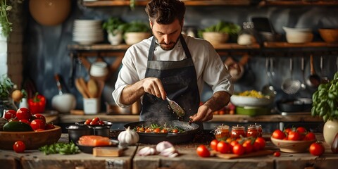 Chef Preparing Vegetables in Romantic Kitchen Setting